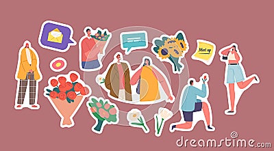 Set of Stickers Boyfriends Giving Flowers to Girlfriends. Young Couples Dating. Love, Human Relations, Gifts Vector Illustration