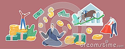 Set of Stickers Bull Market Trading. Characters with Money, Businessman Meditating on Gold Coins and Bills. Bullfighter Vector Illustration