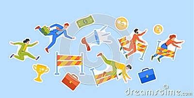 Set of Stickers Business Characters Falling Over An Obstacles During Race. Men and Women Stumble and Jump over Barriers Vector Illustration
