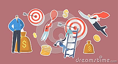 Set of Stickers Business Characters Overcome Obstacles Theme. Businessman Climbing Broken Ladder to Reach Target Vector Illustration