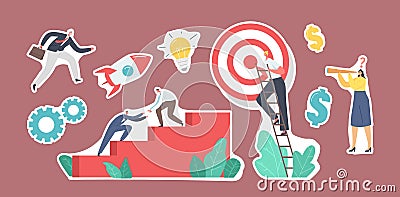 Set of Stickers Business Team Climbing Stairs with Target on Top. Business People Next Step to Reach Aim, Teamwork Vector Illustration