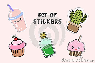 A set of stickers. Cactus, cake, drink. Kawaii colored drawings in cartoon style. Vector illustration in doodle style Cartoon Illustration
