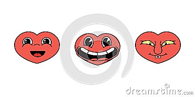 Set of stickers of cartoon hearts with faces. Angry and funny. Vector illustration Vector Illustration