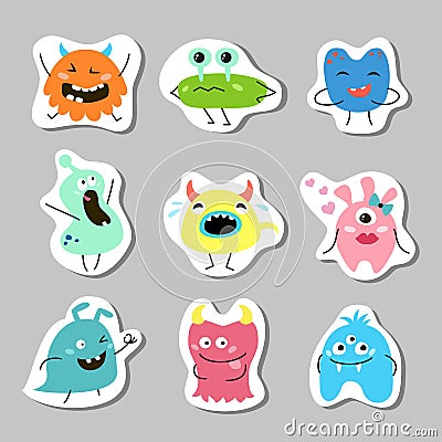 Set of stickers with cartoon monsters. Cartoon Illustration