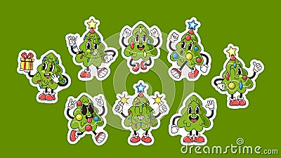 Set Of Stickers With Cartoon Retro Christmas Tree Characters In Groovy Style With Colorful Ball Decorations, And Lights Vector Illustration