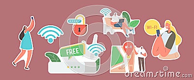 Set of Stickers Characters use Internet on Laptop and Smartphone via Wifi Wireless Router Connection. Modern Network Vector Illustration