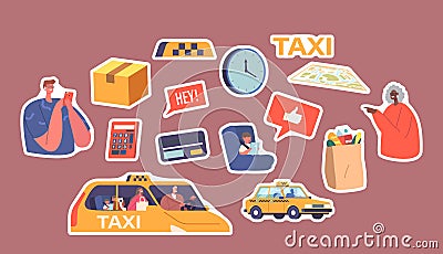 Set of Stickers Characters Use Taxi Service. Customers or Clients and Driver in Cab. Family with Children, Old Lady, Man Vector Illustration