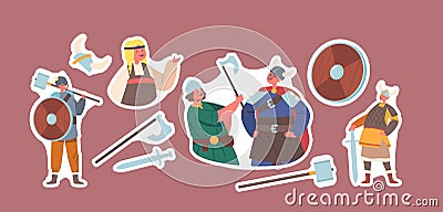 Set of Stickers Children in Viking Costumes, Little Boys and Girls Characters Wear Antique Suits Hold Sword, Hammer Vector Illustration