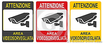 Set of stickers of closed Ciruit Television Sign vector colorful illustration. Inscription in Italian Vector Illustration