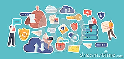 Set of Stickers Cloud Data Safety. Internet Security, Privacy, Protection, Virtual Private Network Cartoon Patches Vector Illustration