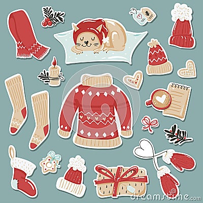 Set of stickers with cozy winter clothes and items. Vector Illustration