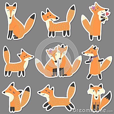 Set of stickers with cute foxes. Forest characters Vector Illustration