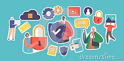 Set of Stickers Cyber Safety, Computer Security, Internet Privacy, Data Protection, Virtual Private Network and Cloud Vector Illustration