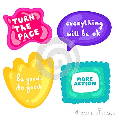 Set of stickers on different shapes. Collection of vector multicolored glossy stickers on white background. Teens Vector Illustration