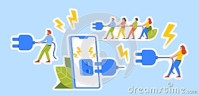 Set of Stickers Digital Detox Theme. Tiny People Pull Plug Turning Off Huge Phone Disconnecting From Technology Vector Illustration