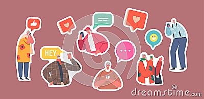 Set of Stickers Elderly People Communicate in Social Networks. Senior Male and Female Characters with Mobile Phones Vector Illustration