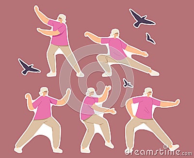 Set of Stickers Elderly Woman Exercising, Making Tai Chi Movements and Poses for Healthy Body, Flexibility and Wellness Vector Illustration