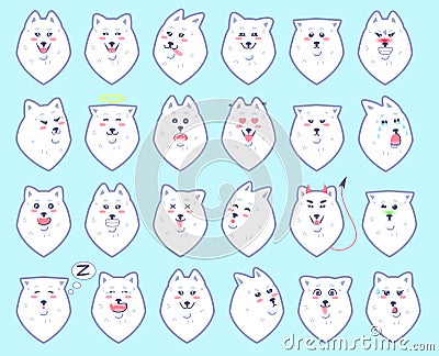 Set of stickers with emotions, Samoyed dog. Various emoticons for social networks with a dog`s face. Vector Illustration