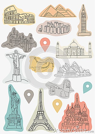 A set of stickers with famous sights of the world's cities Vector Illustration