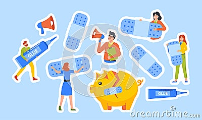 Set Of Stickers Financial Problems Theme. Business Characters With Patches And Glue Fixing Broken Piggy Bank Vector Illustration