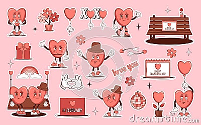 Set of stickers Groovy lovely cartoon characters Heart and elements. Retro Happy Valentines Day. Trendy retro 60s 70s Vector Illustration