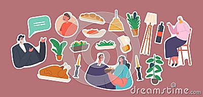 Set of Stickers Happy Israel Family Celebrate, Having Dinner at Home, Jewish Parents, Grandparents and Child Eating Vector Illustration