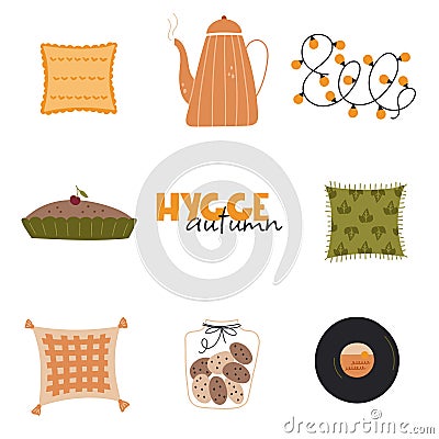 Set of stickers Hygge Autumn Vector Illustration