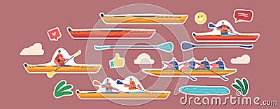 Set of Stickers Kayaking, Canoeing or Rafting Sport. Sportsmen Rowing in Kayaks, Extreme Activity, Water Sports Games Vector Illustration
