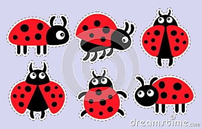 Set of stickers for kids, drawn funny cute ladybugs. Decor for decoration of holidays Vector Illustration