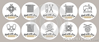 Set of stickers Knitting. knitting needles with skeins of yarn and lettering Knitted with love. Hobby icons, logo Vector Illustration