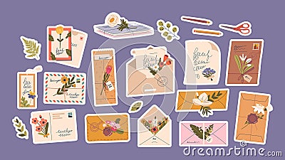 Set Of Stickers Letters And Envelopes Adorned With Delicate, Colorful Flowers Add A Touch Of Charm And Elegance Vector Illustration