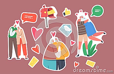 Set of Stickers Loving Senior Couples Hug, Romantic Relations. Happy Old Men and Women Embracing, Holding Hands Vector Illustration