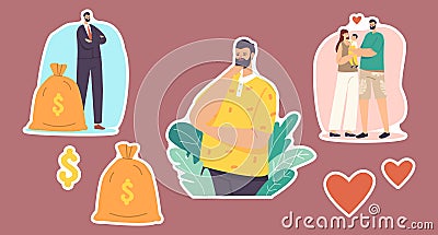 Set of Stickers Men Choice. Character Choose between Career and Family. Businessman with Money Sack, Father with Child Vector Illustration