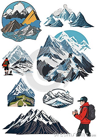 A set of stickers in a minimalistic style on a mountain theme Stock Photo