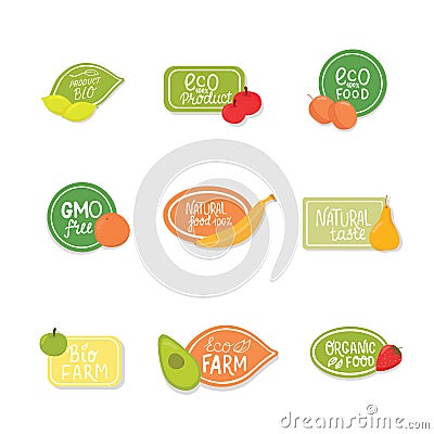Set stickers for natural, organic fruits with hand written sign - eco food, bio product, natural taste, eco farm, gmo Vector Illustration
