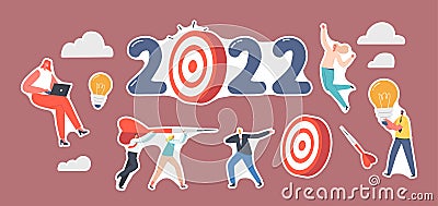 Set of Stickers 2022 New Year Goals, Plan and Idea. Characters Throw Darts to Target, Office Workers Developing Project Vector Illustration