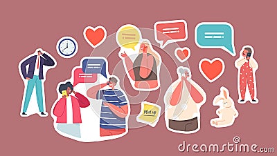 Set of Stickers People Communicate by Mobile Phone. Granny, Little Boy, Adults and Teenagers Characters Speaking Vector Illustration