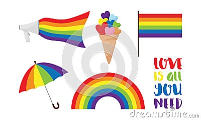 A set of stickers for Pride month, LGBTQ. Mouthpiece with rainbow in LGBT colors, umbrella, rainbow, flag, ice cream Vector Illustration