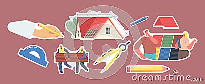 Set Stickers Roof Design Theme. Hand Drawing Project with Pencil, Roofers Carry Tiling, Client Character Choose Design Vector Illustration