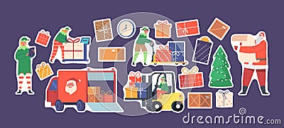 Set of Stickers Santa Claus and Elves Loading Gifts in Truck, Christmas Characters Reading List and Load Boxes Vector Illustration