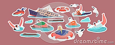 Set of Stickers Shipwreck and Sinking People Trying to Survive in Ocean, Shipwrecked Ship, Gulls, Rescuers on Boat Vector Illustration