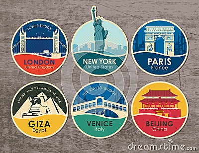 Set of stickers with sights of various countries Vector Illustration