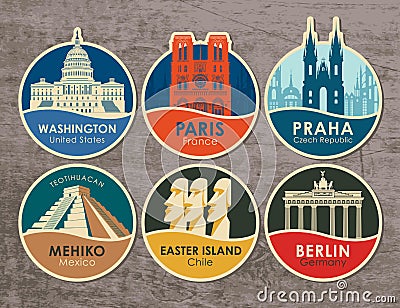 Set of stickers with sights of various countries Vector Illustration