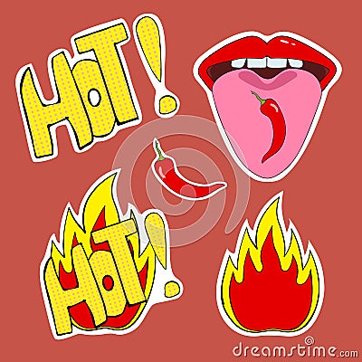 Set of stickers. Red pop art lips, red chili pepper on the tongue. Girl shows tongue. Inscription hot and yellow-red flame Vector Illustration