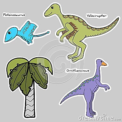 Set of stickers stylized dinosaur and tree Vector Illustration