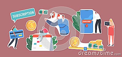 Set of Stickers Subscription Business Model Theme. Tiny Characters with Huge Bank Card, Smartphone with Subscribe Button Vector Illustration