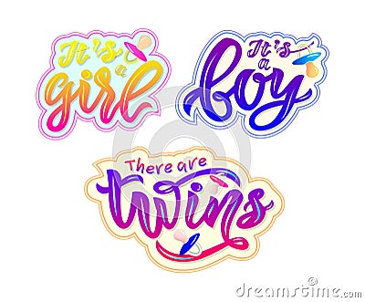 Set of stickers with text its a boy, girl, there are twins Vector Illustration