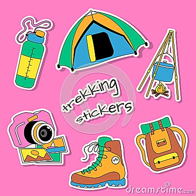 Set of 6 stickers with trekking and hiking equipment Vector Illustration