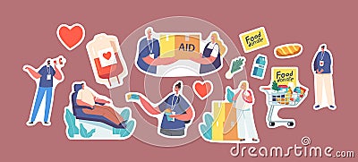 Set of Stickers Volunteering, Charity, Philanthropy, Humanitarian Aid and Help to Poor People. Characters Donate Support Vector Illustration