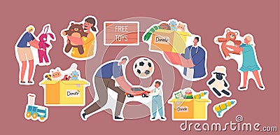 Set of Stickers Volunteers Giving Toys to Orphan Kids from Donation Box with Goods for Children. Altruistic Help to Kids Vector Illustration